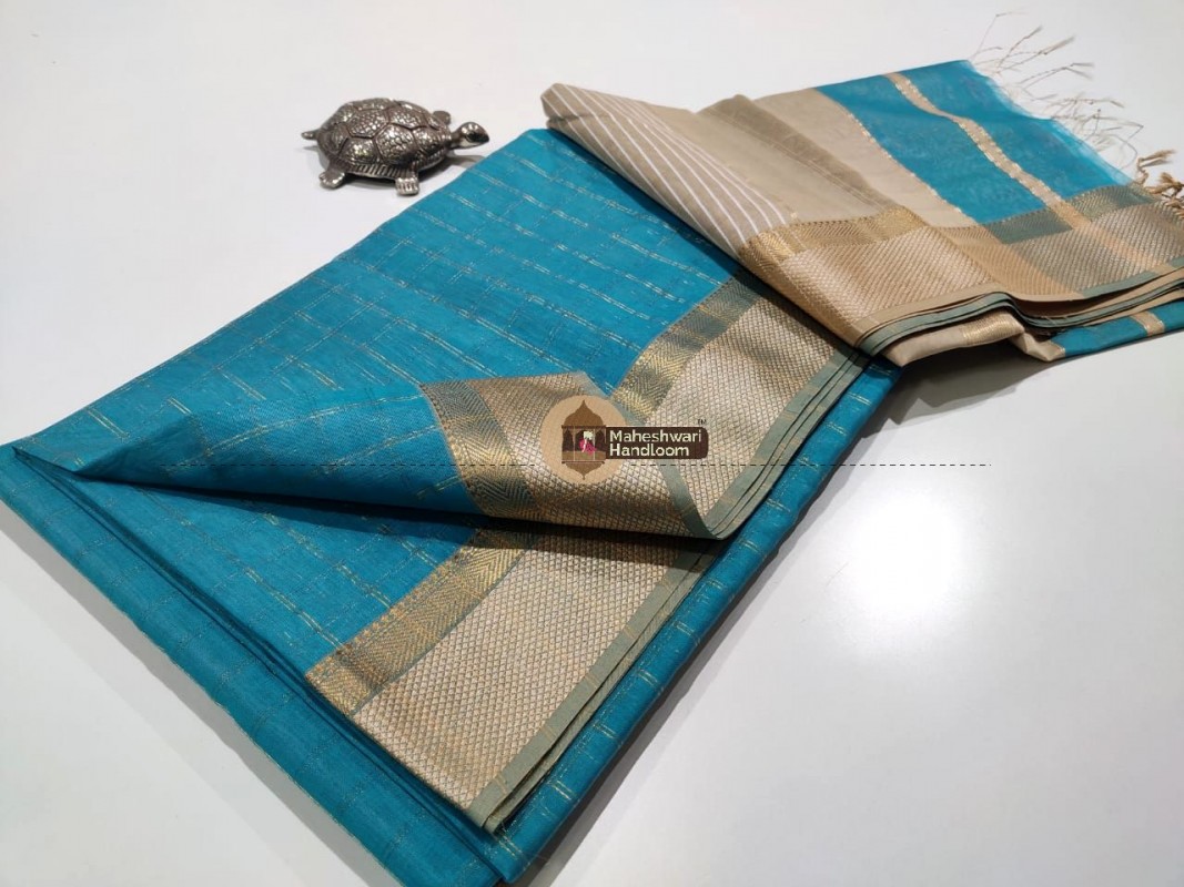 Maheshwari Rama Green Checks Body Resham Thread Border Saree