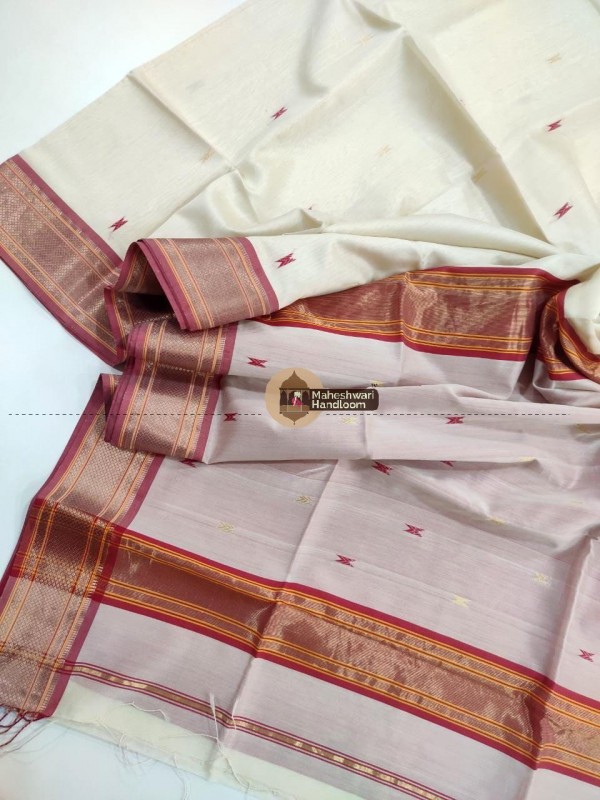 Maheshwari White Hansa Butti Weaving Saree