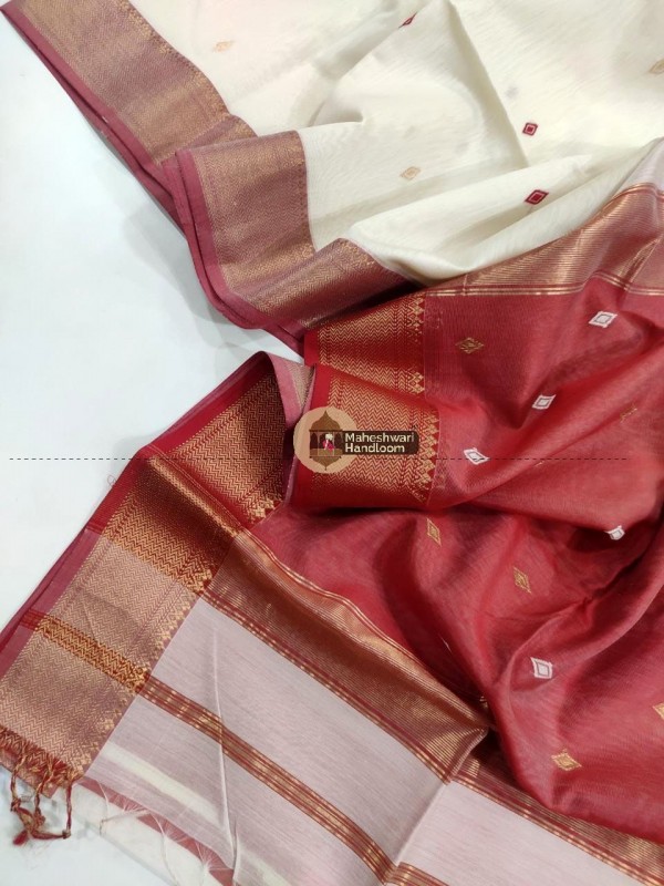 Maheshwari White Diamond Buti Weaving Saree