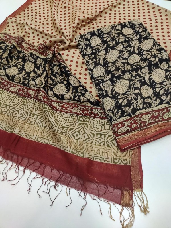 Maheshwari Handwoven Silk Cotton Handblock Bagru and Batik Printed Top Dupatta sets (without Bottom) 
