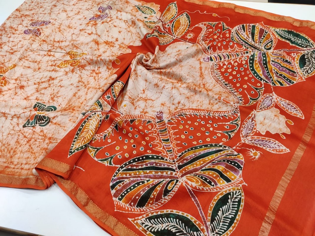 Maheshwari Handwoven Indoasian Batik Handpainted Sarees with Zari Border