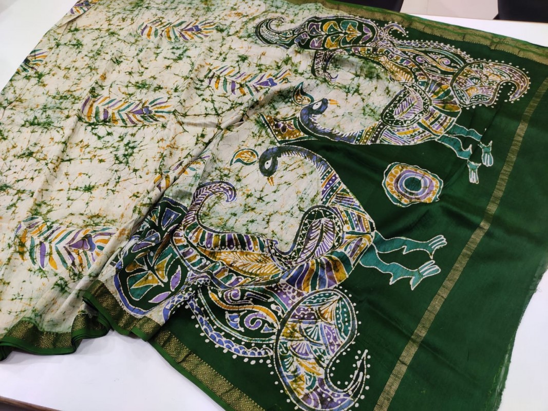 Maheshwari Handwoven Indoasian Batik Handpainted Sarees with Zari Border