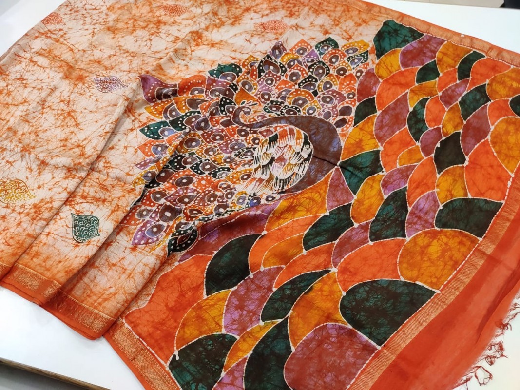 Maheshwari Handwoven Indoasian Batik Handpainted Sarees with Zari Border