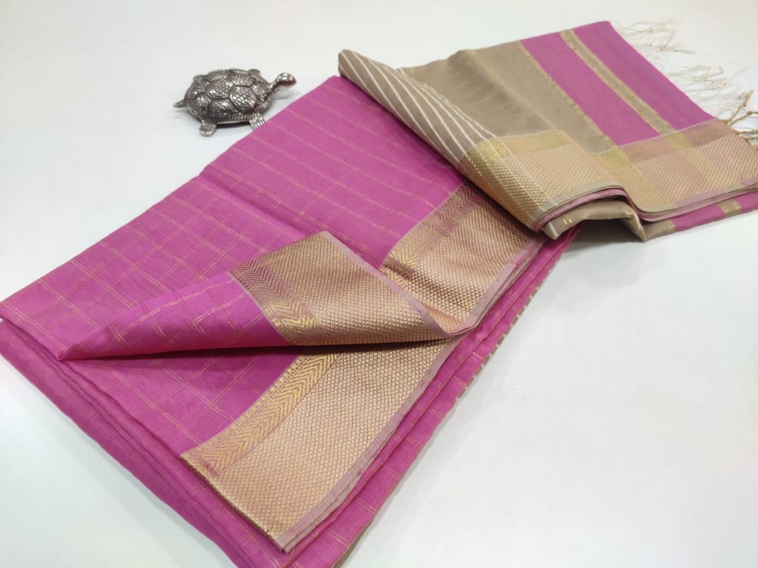 Maheshwari Pink Thread Border with Zari Checks