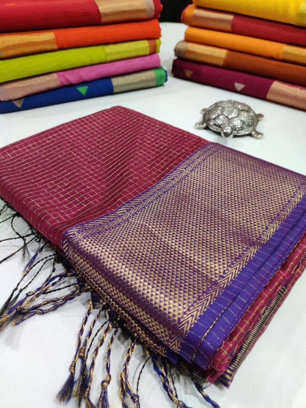 Pink Maheshwari Zari Checkered  Sarees with Broad Zari Border
