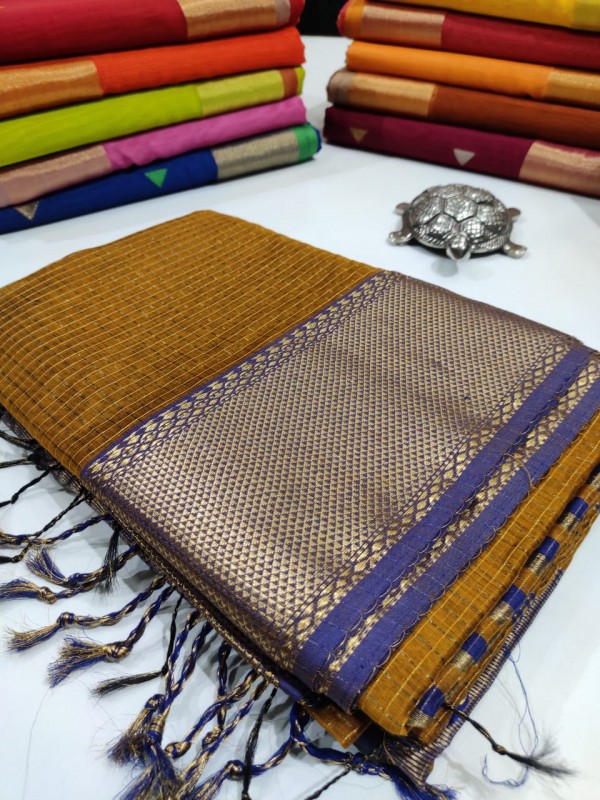 Yellow Maheshwari Zari Checkered  Sarees with Broad Zari Border