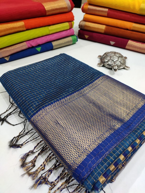 Blue Maheshwari Zari Checkered  Sarees with Broad Zari Border