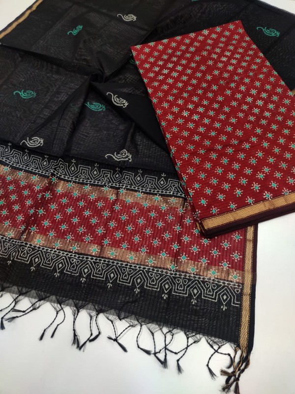 Maheshwari Black Handwoven Handblock Printed Top Dupatta sets.