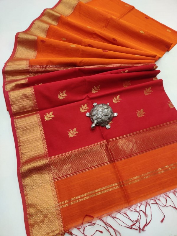 Maheshwari Leaf Butta Pallu and overall Butti Weaving Zari Border Sarees 