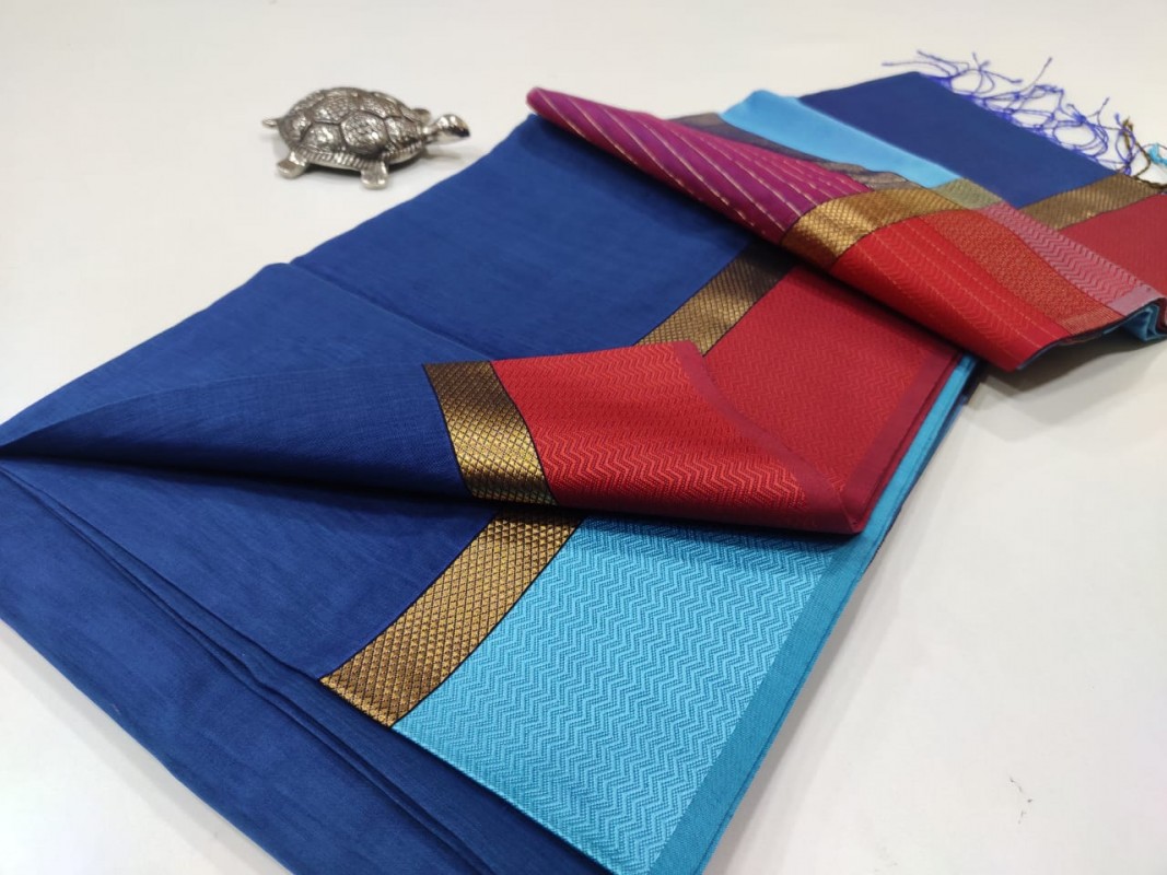 Blue Maheshwari Ganga Jamuna  Resham Thread Border Sarees