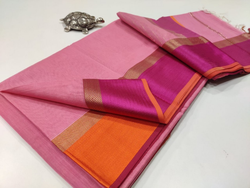 Pink Maheshwari Ganga Jamuna  Resham Thread Border Sarees