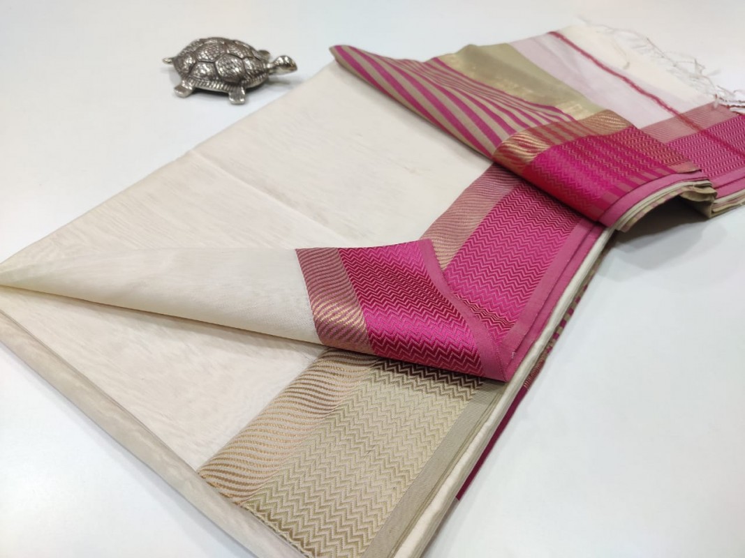 White Maheshwari Ganga Jamuna  Resham Thread Border Sarees