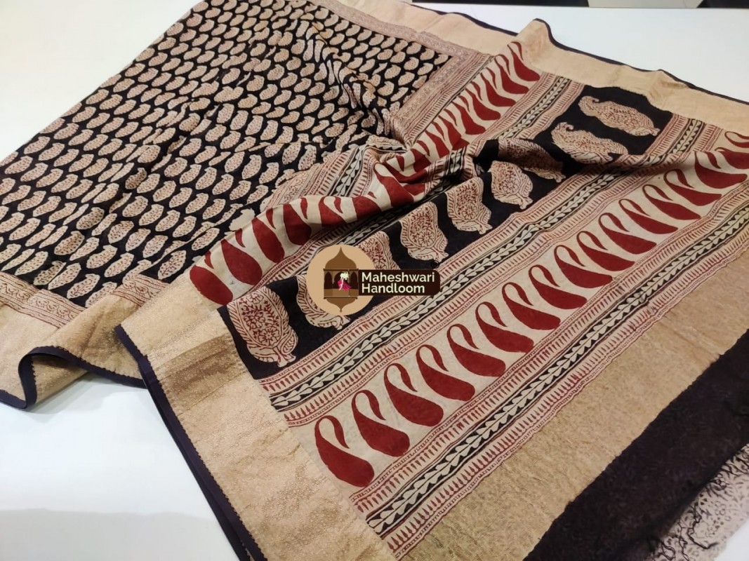 Maheshwari Handwoven Silk Cotton Bagh Handblock Printed Sarees with Broad Zari Border 
