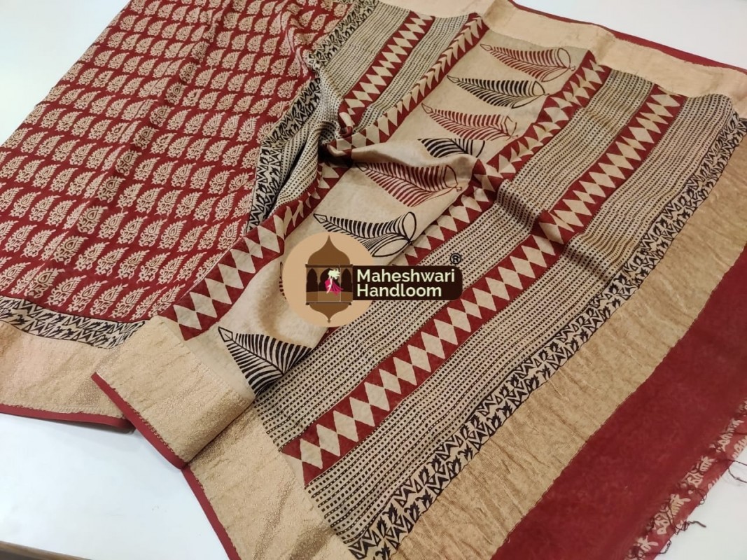 Maheshwari Handwoven Silk Cotton Bagh Handblock Printed Sarees with Broad Zari Border 