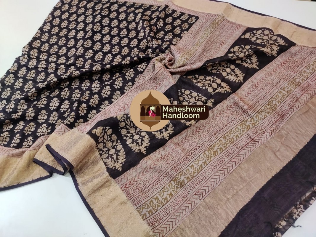Maheshwari Handwoven Silk Cotton Bagh Handblock Printed Sarees with Broad Zari Border 