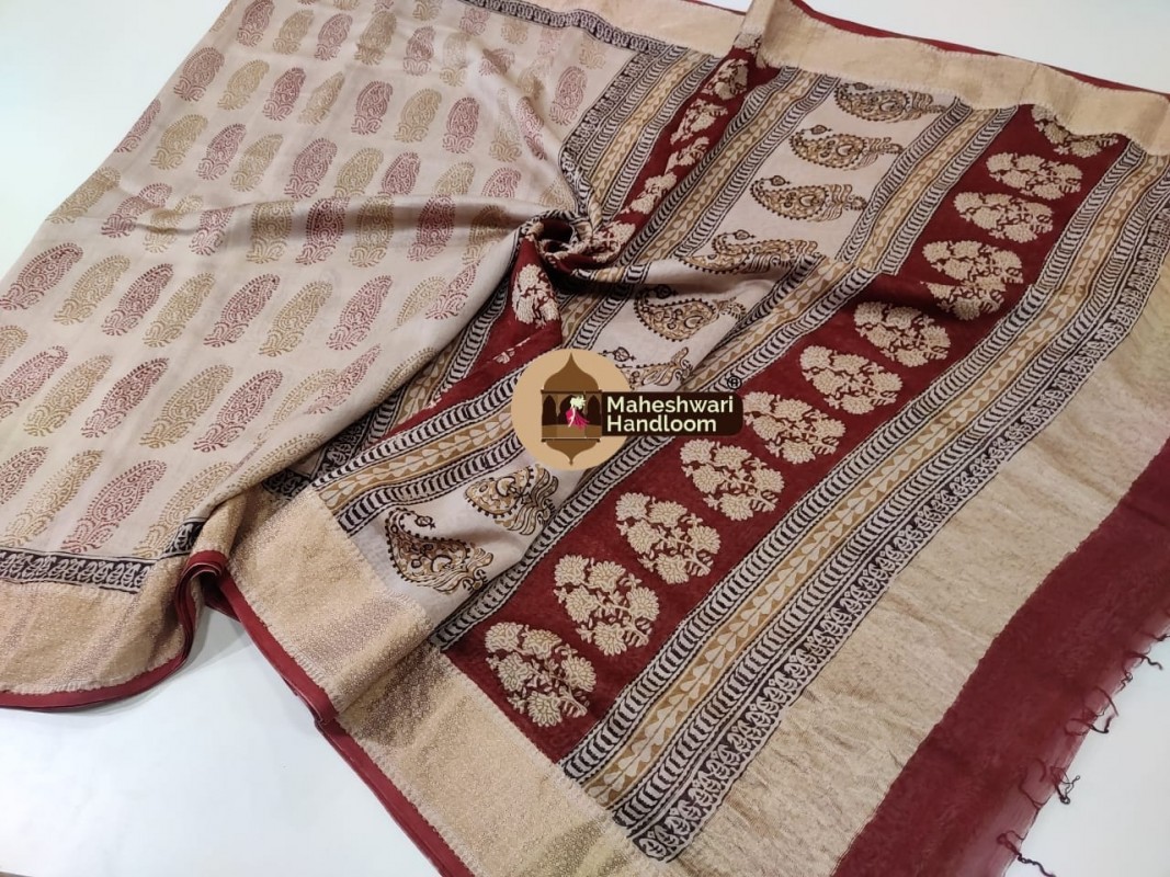 Maheshwari Handwoven Silk Cotton Bagh Handblock Printed Sarees with Broad Zari Border 