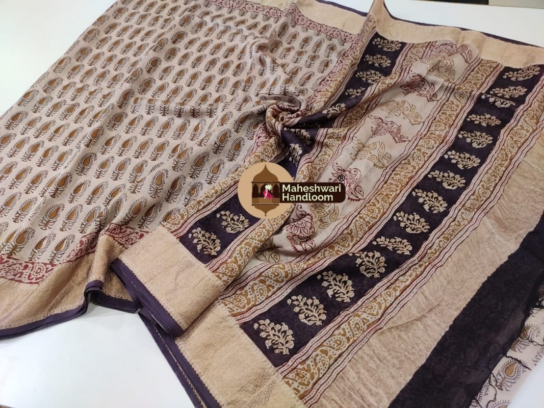 Maheshwari Handwoven Silk Cotton Bagh Handblock Printed Sarees with Broad Zari Border