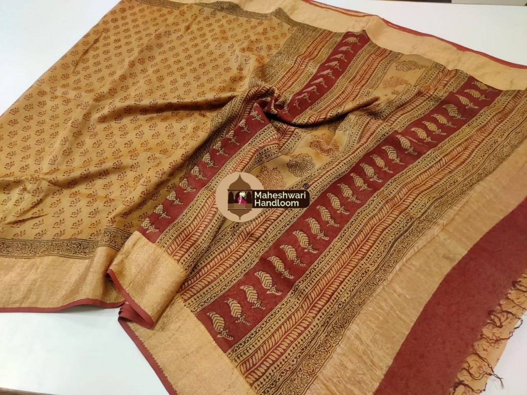 Maheshwari Handwoven Silk Cotton Bagh Handblock Printed Sarees with Broad Zari Border 