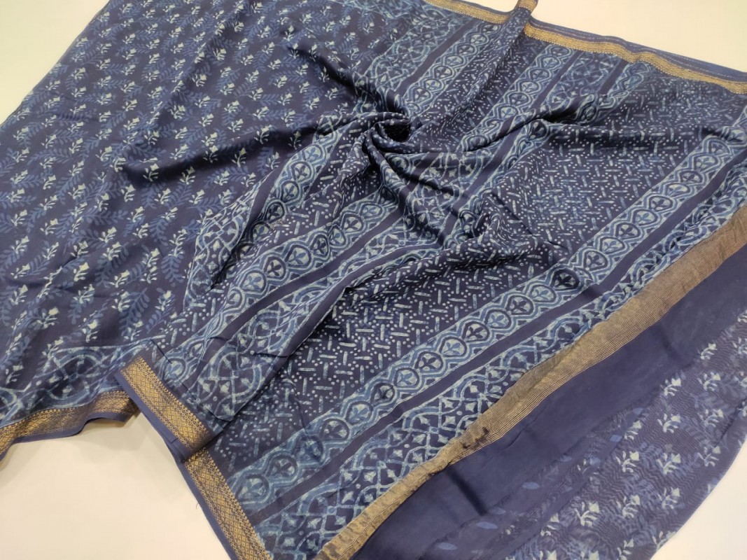 Maheshwari Blue Original Handwoven  Dabu Handblock Indigo Printed Sarees 