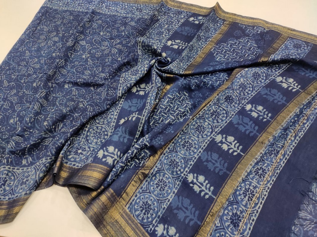 Maheshwari Blue Original Handwoven  Dabu Handblock Indigo Printed Sarees 