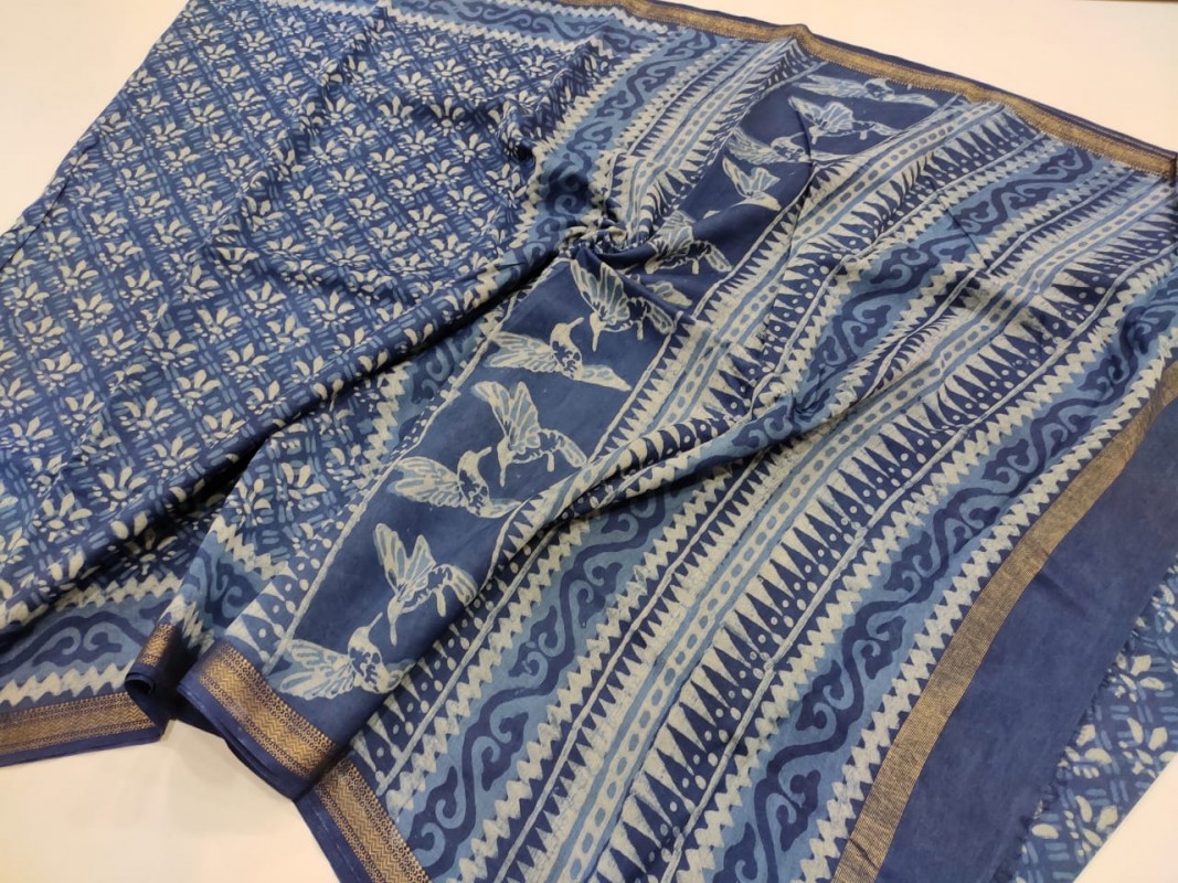Maheshwari Blue Original Handwoven  Dabu Handblock Indigo Printed Sarees 