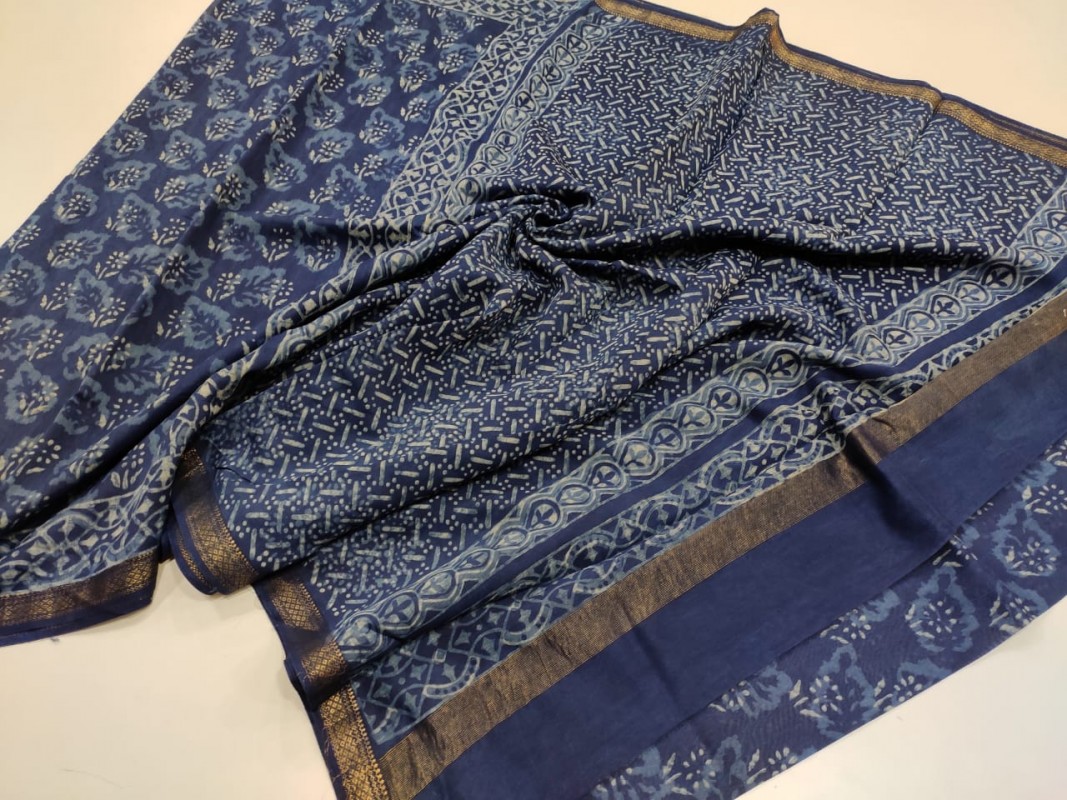 Maheshwari Blue Original Handwoven  Dabu Handblock Indigo Printed Sarees