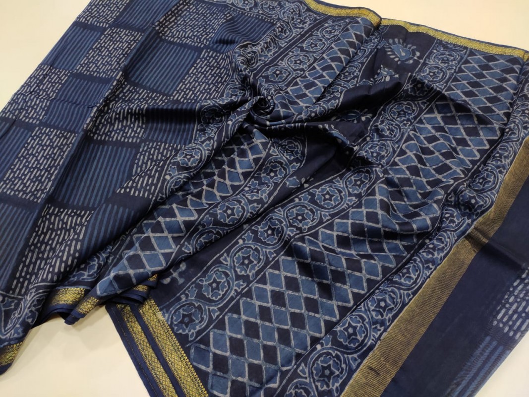 Maheshwari Blue Original Handwoven  Dabu Handblock Indigo Printed Sarees 