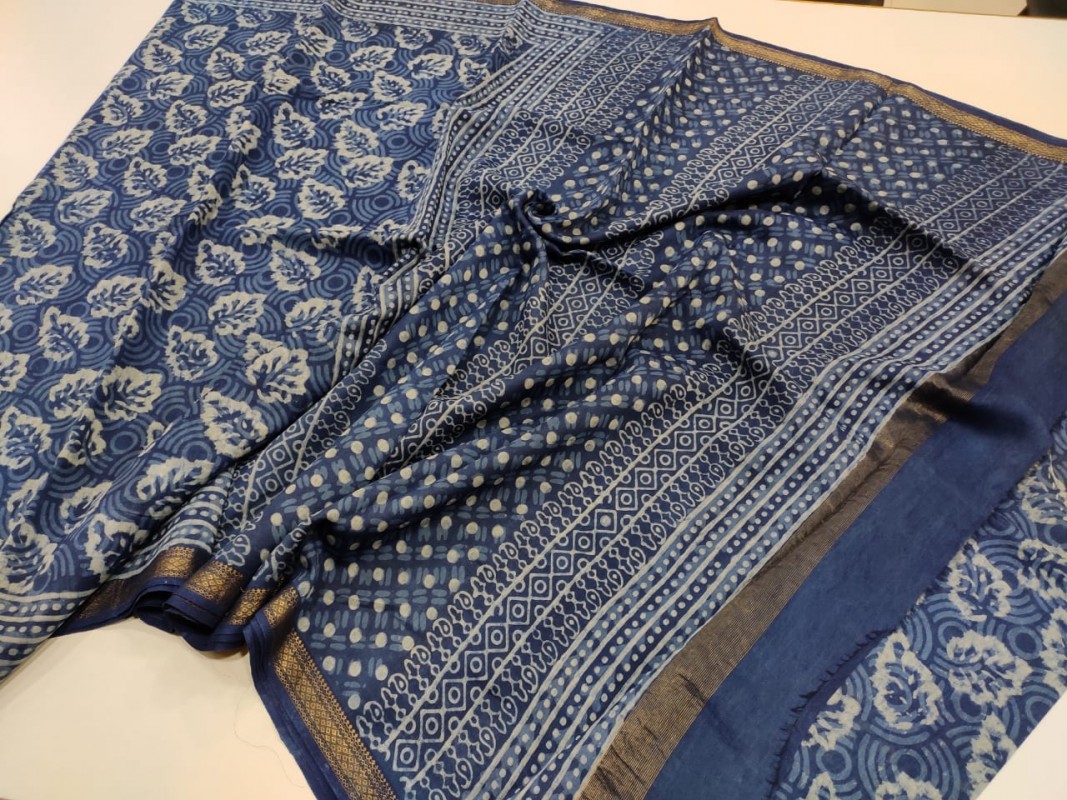 Maheshwari Blue Original Handwoven  Dabu Handblock Indigo Printed Sarees 