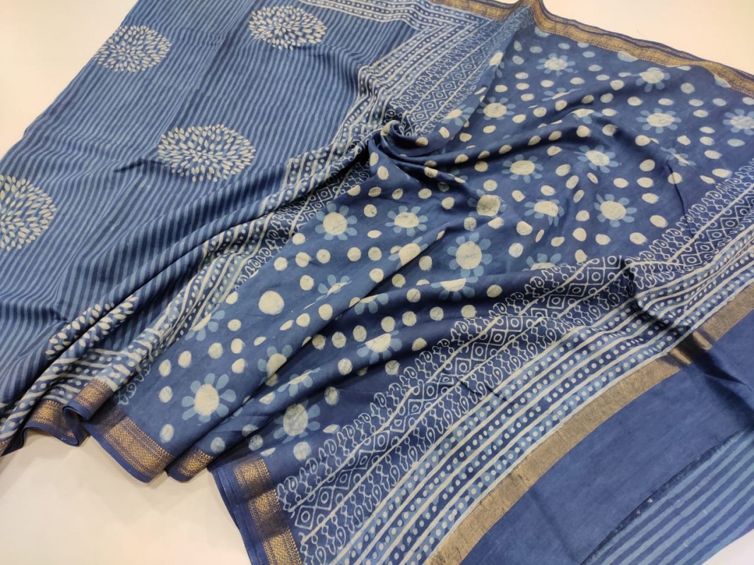 Maheshwari Blue Original Handwoven  Dabu Handblock Indigo Printed Sarees 