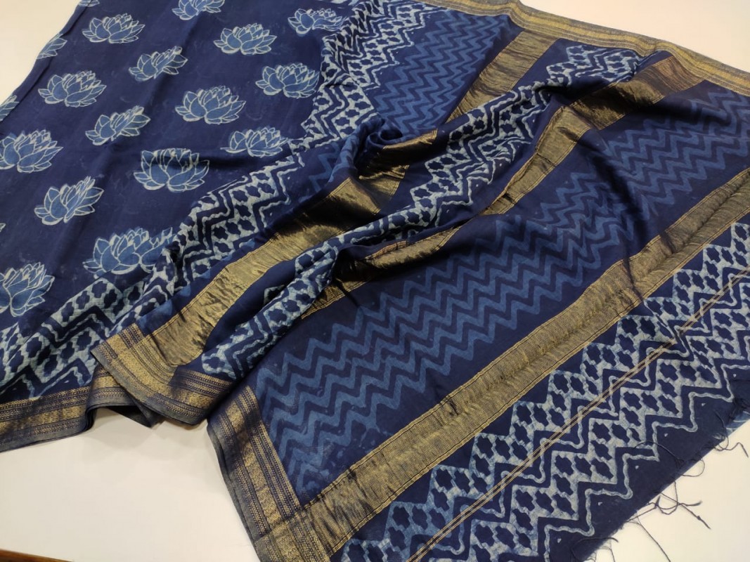 Maheshwari Blue Original Handwoven  Dabu Handblock Indigo Printed Sarees 