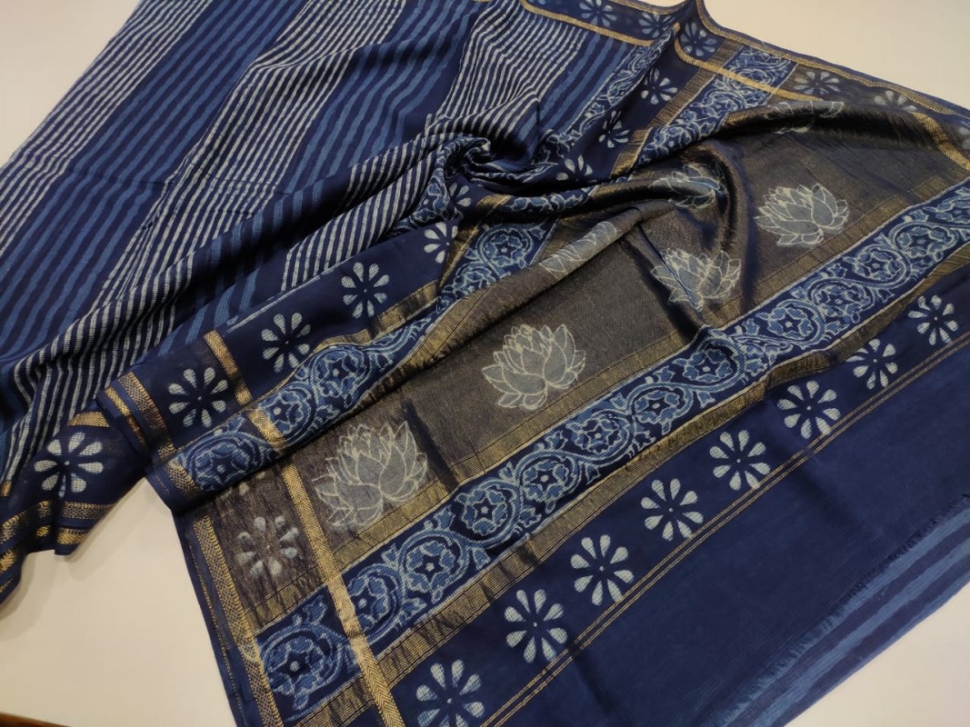 Maheshwari Blue Original Handwoven  Dabu Handblock Indigo Printed Sarees 
