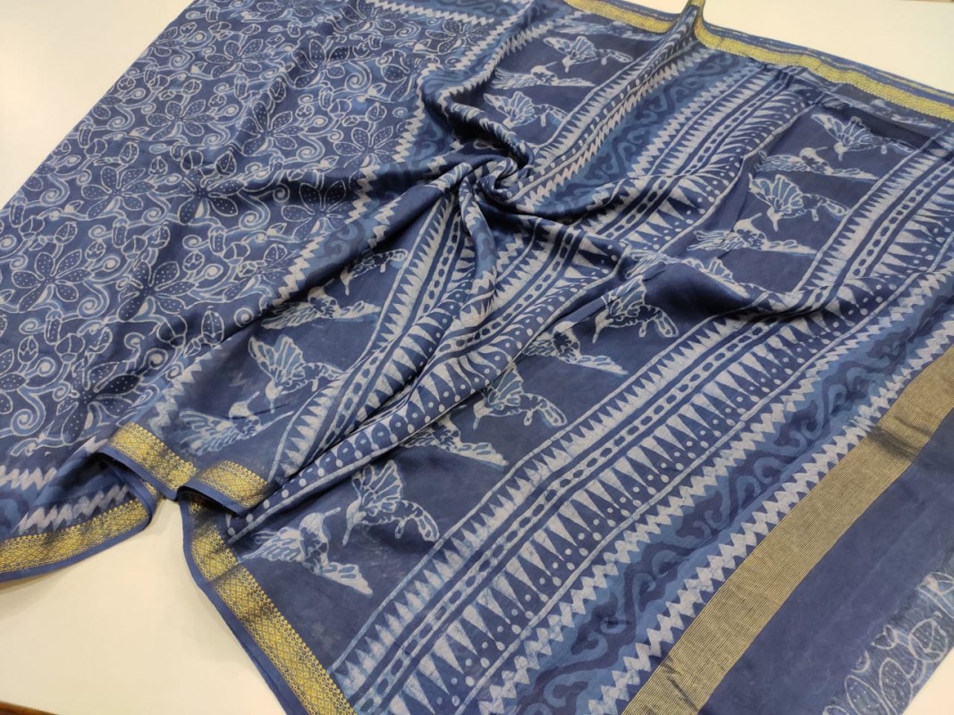 Maheshwari Blue Original Handwoven  Dabu Handblock Indigo Printed Sarees 