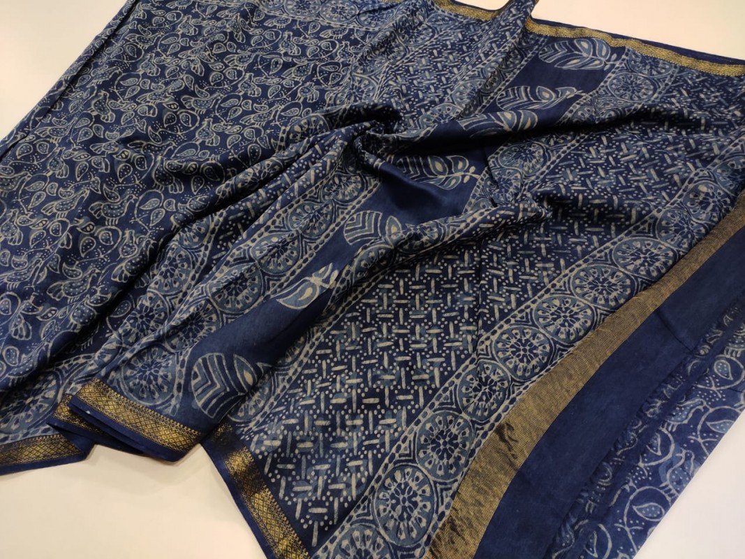 Maheshwari Blue Original Handwoven  Dabu Handblock Indigo Printed Sarees 