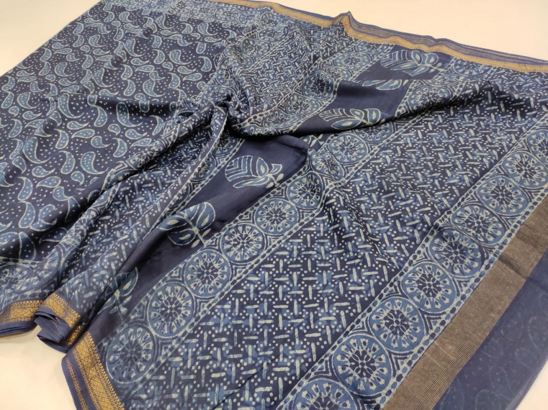 Maheshwari Blue Original Handwoven  Dabu Handblock Indigo Printed Sarees 