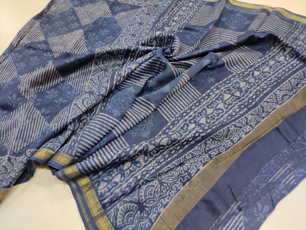 Maheshwari Blue Original Handwoven  Dabu Handblock Indigo Printed Sarees 