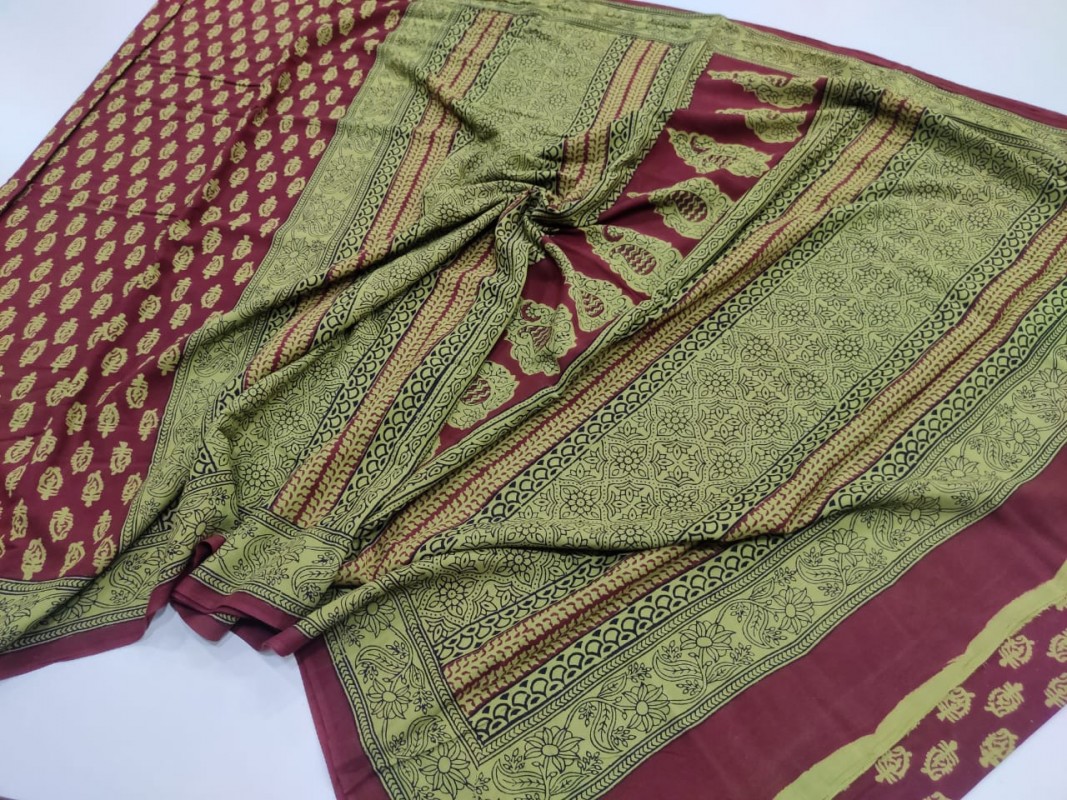 Maheshwari Maroon Bagh Print Cotton saree