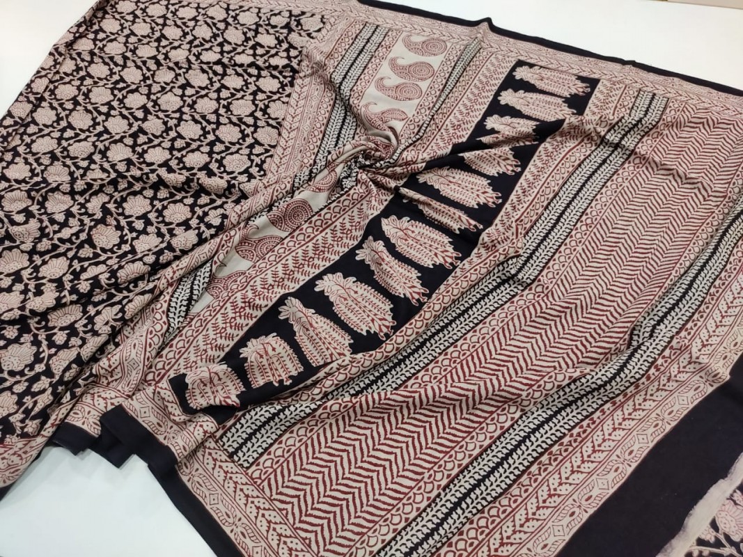 Maheshwari Black Bagh Print Cotton saree