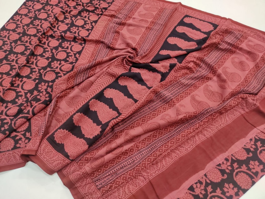 Maheshwari Red Bagh Print Cotton Saree