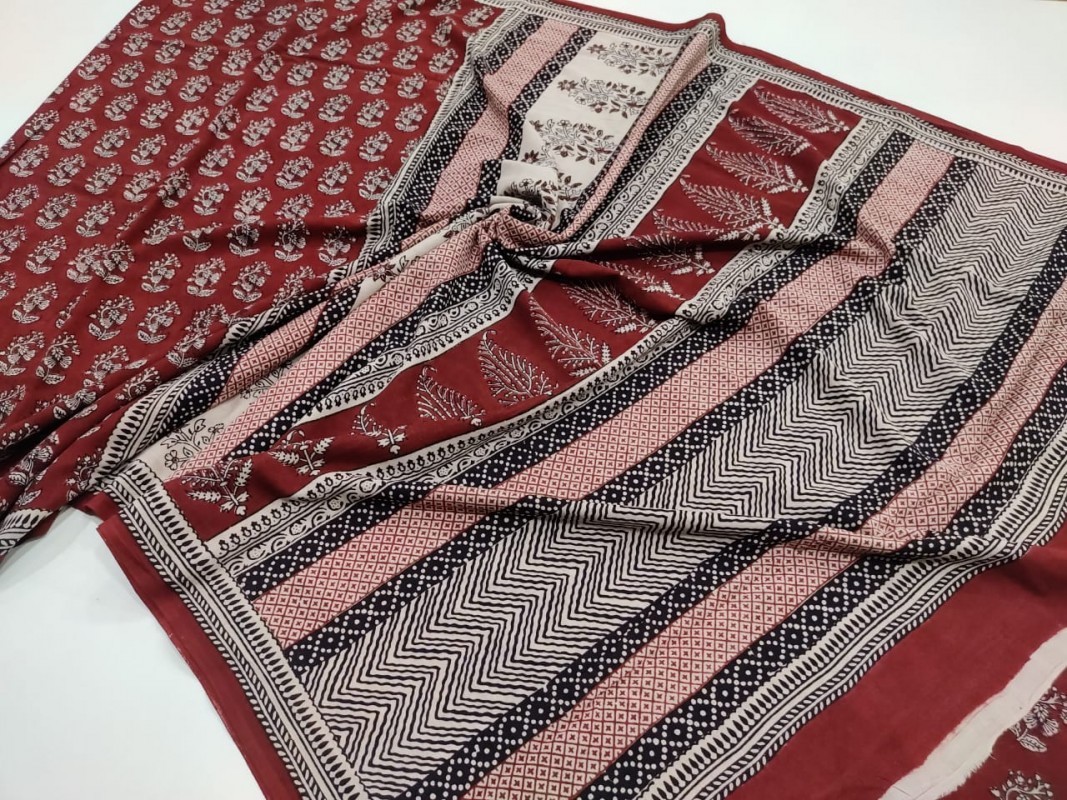 Maheshwari Maroon Red Bagh Print Cotton saree