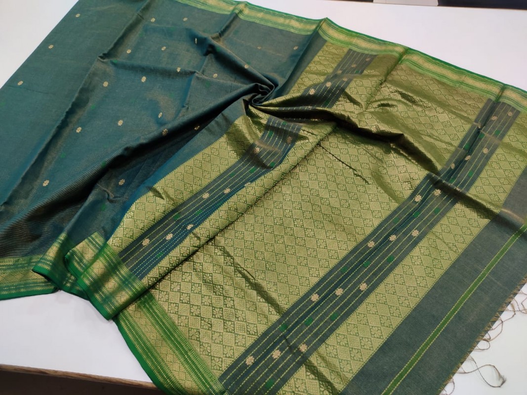 Maheshwari  Rama Green Handwoven Tissue weaving Sarees with all over Butti weaving
