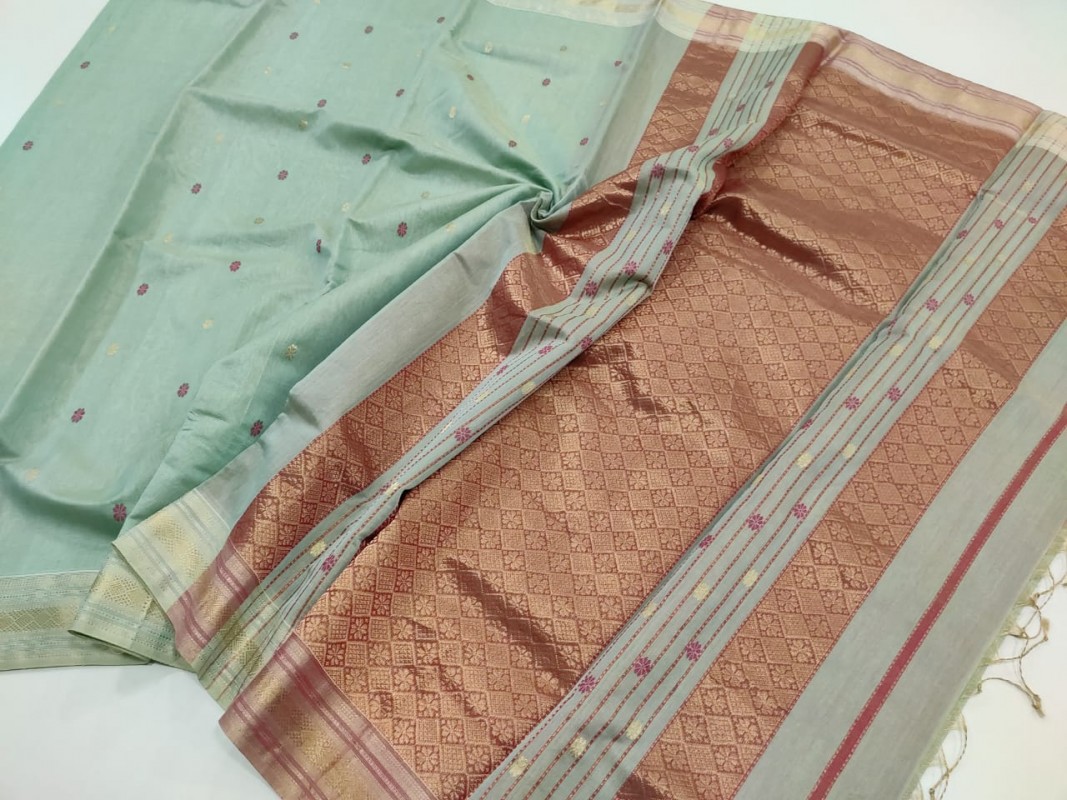Maheshwari Sea Green Handwoven Tissue weaving Sarees with all over Butti weaving