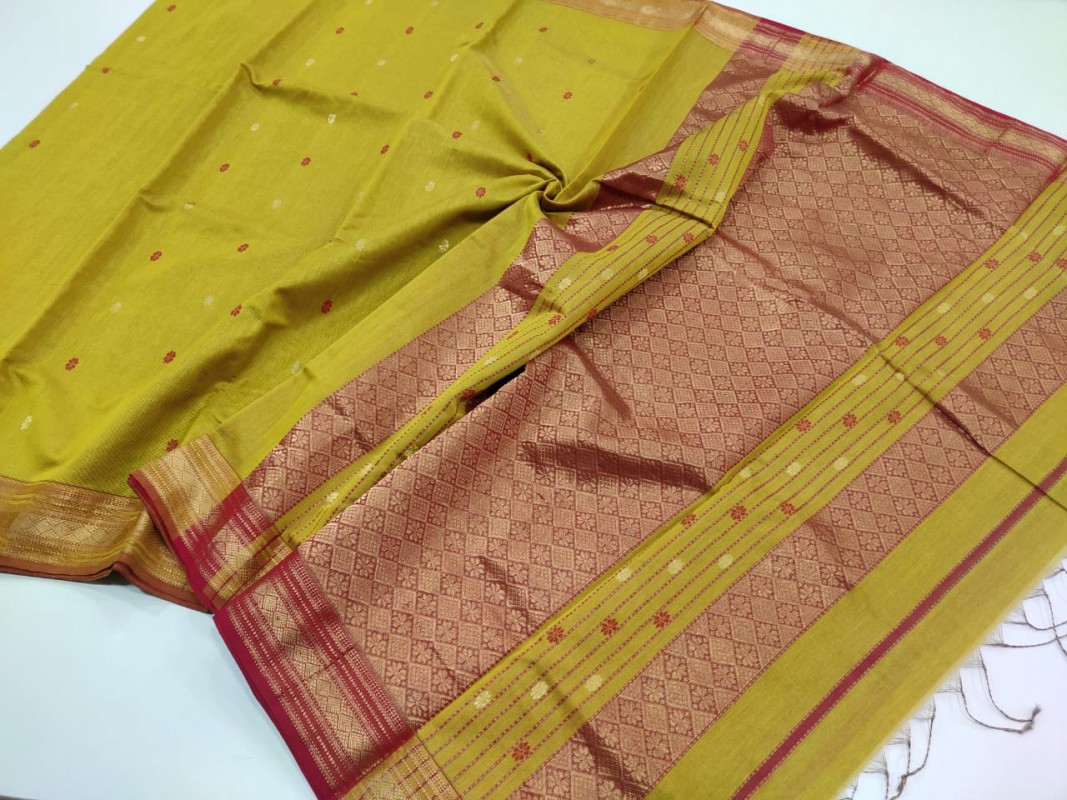 Maheshwari  Yellow Handwoven Tissue weaving Sarees with all over Butti weaving