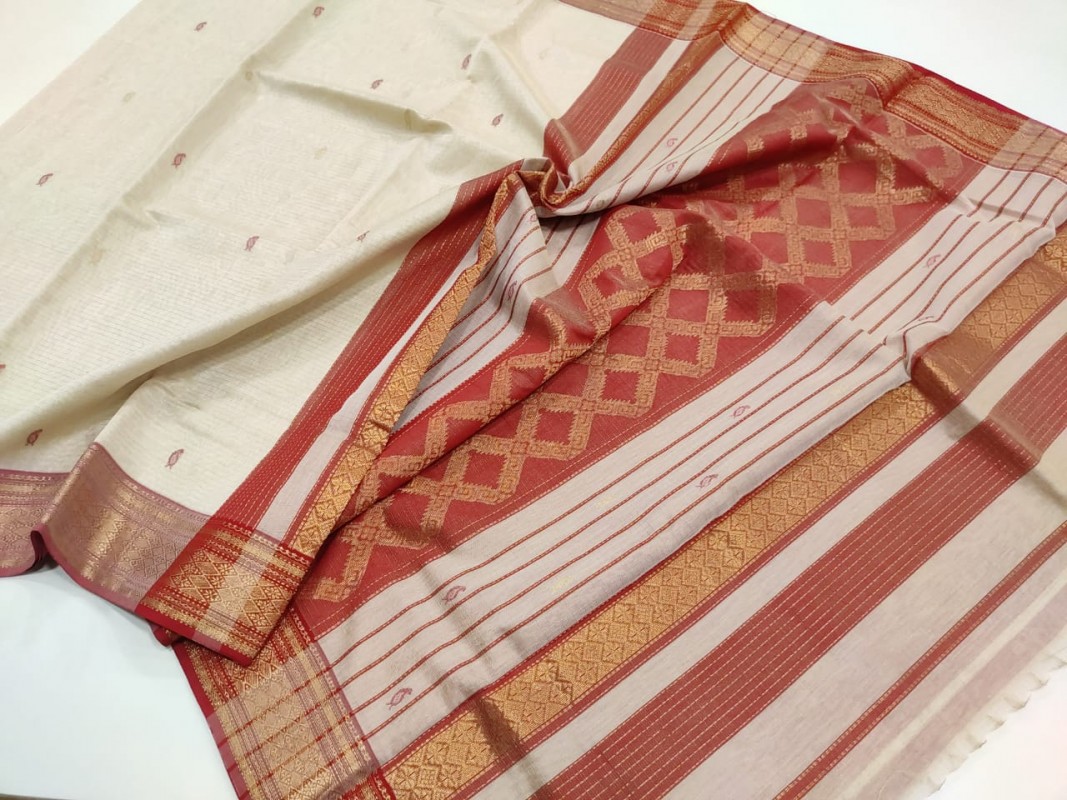 Maheshwari White Handwoven Tissue weaving Sarees with all over Butti weaving
