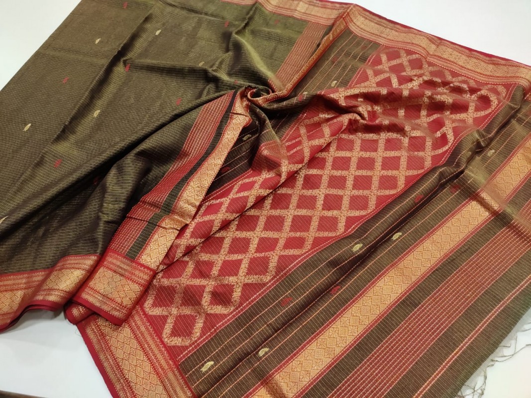 Maheshwari Brown Colour Handwoven Tissue weaving Sarees with all over Butti weaving