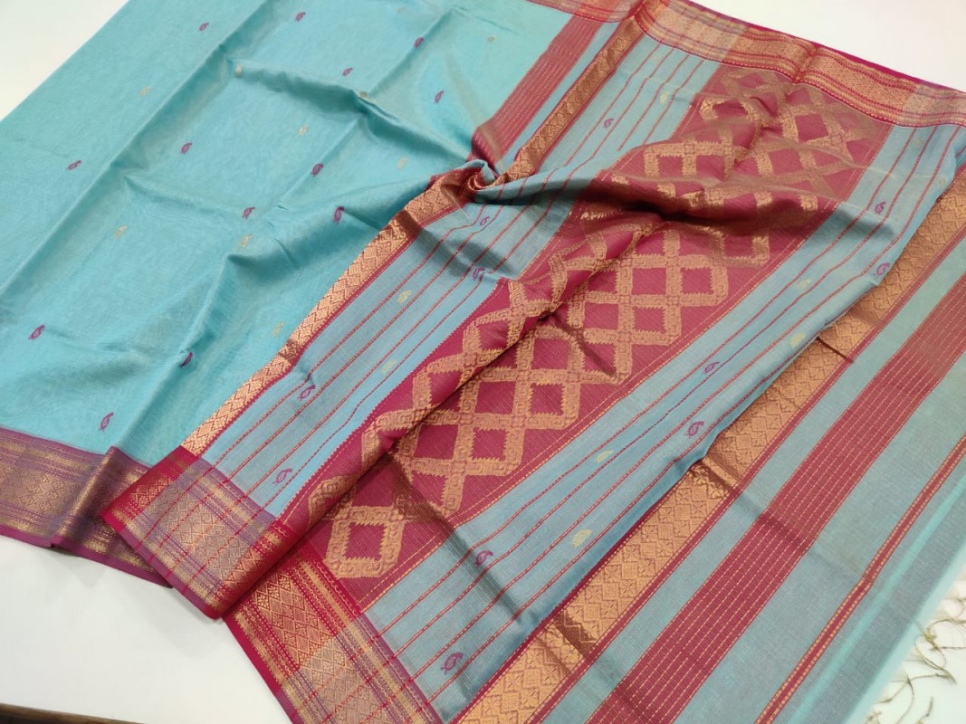 Maheshwari Sea Blue Handwoven Tissue weaving Sarees with all over Butti weaving