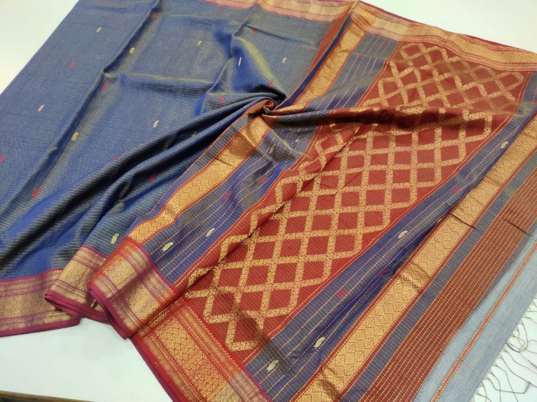 Maheshwari Blue Handwoven Tissue weaving Sarees with all over Butti weaving