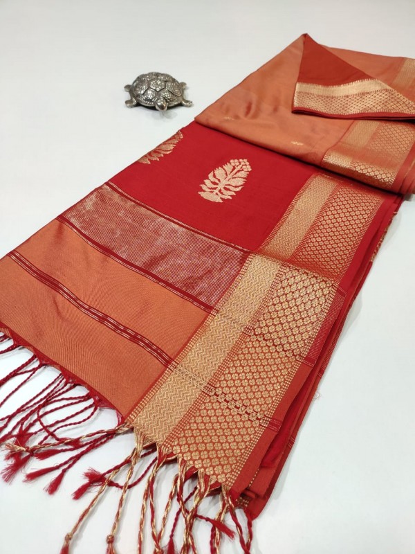 Maheshwari Golden Peach Pure Silk Saree With Buta Buti Weaving