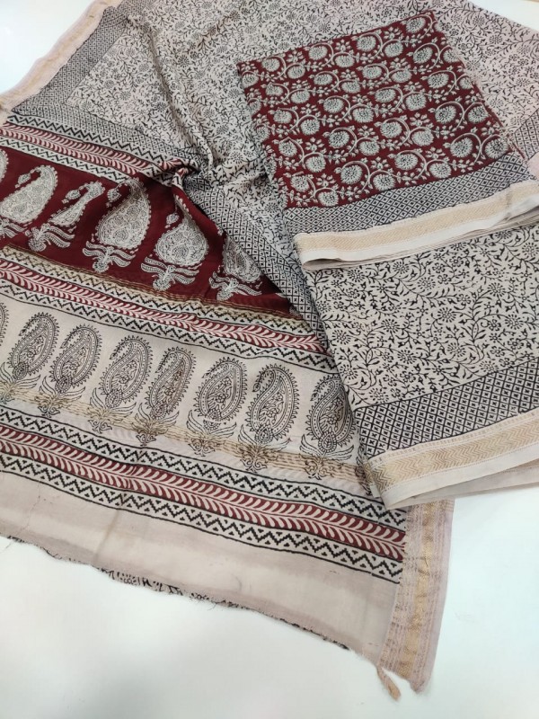 Maheshwari Maroon-white Bagh print Silk Cotton Suits