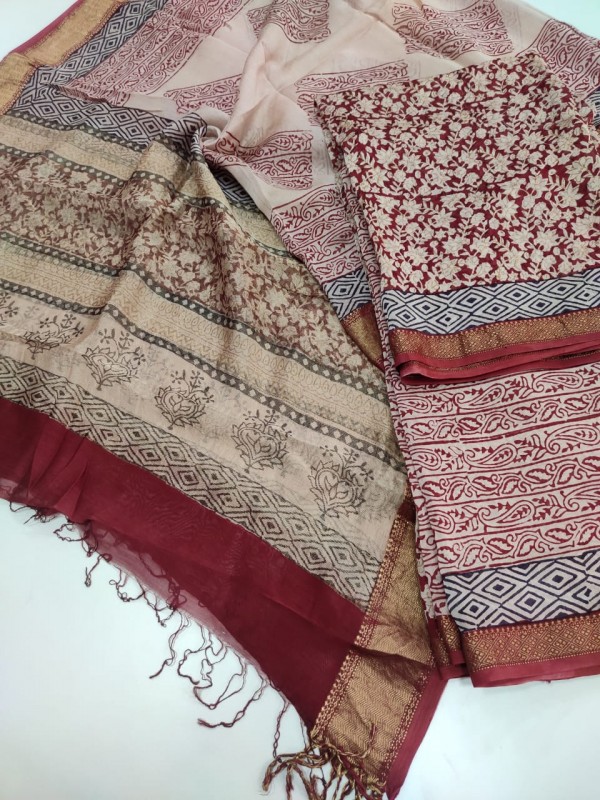 Maheshwari Red-white Bagh print Silk Cotton Suits