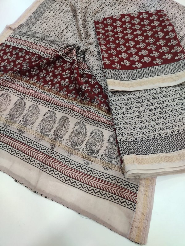 Maheshwari Maroon-white Bagh print Silk Cotton Suits